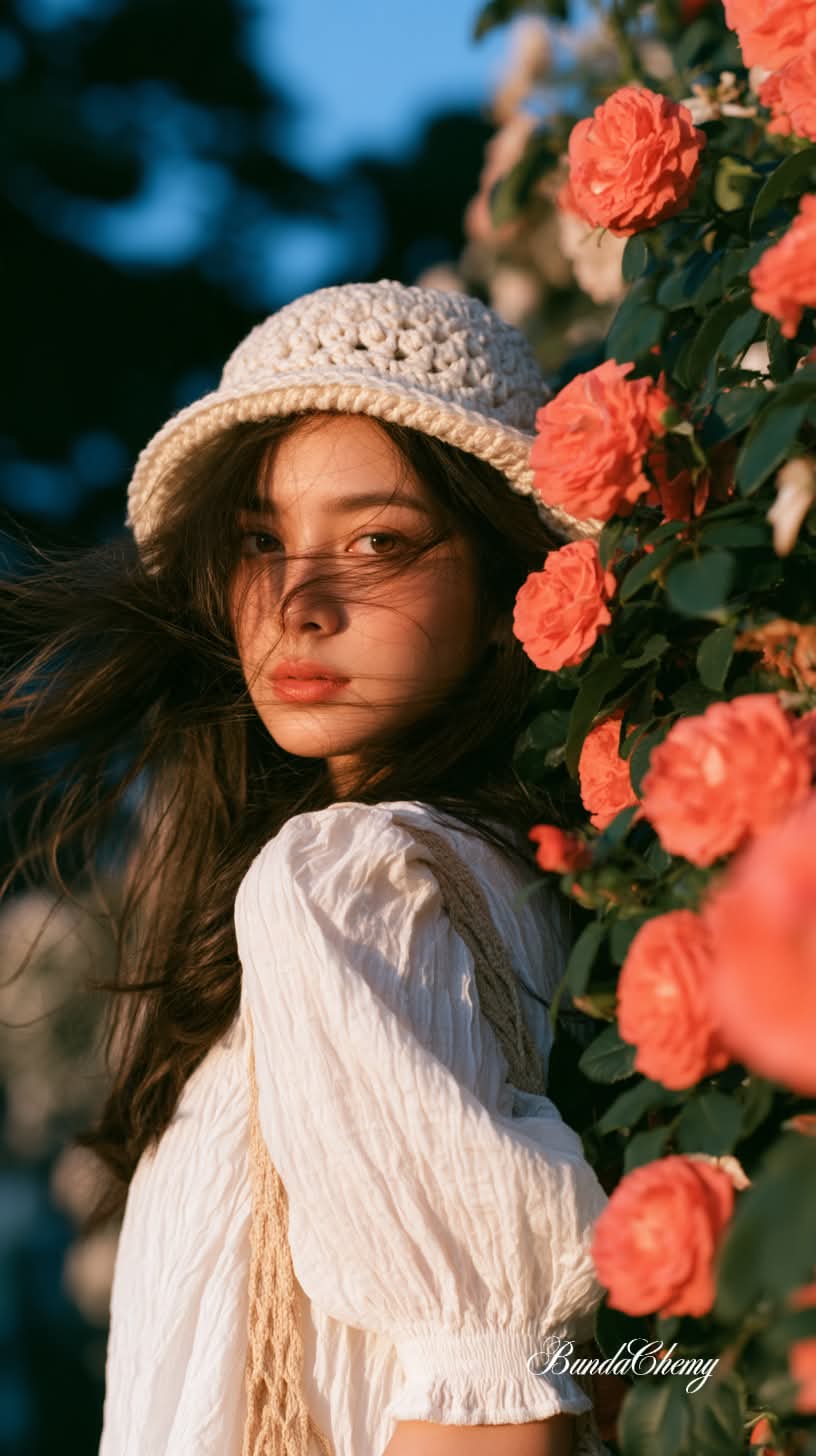 Golden-Hour Portrait Among Coral Roses output 1