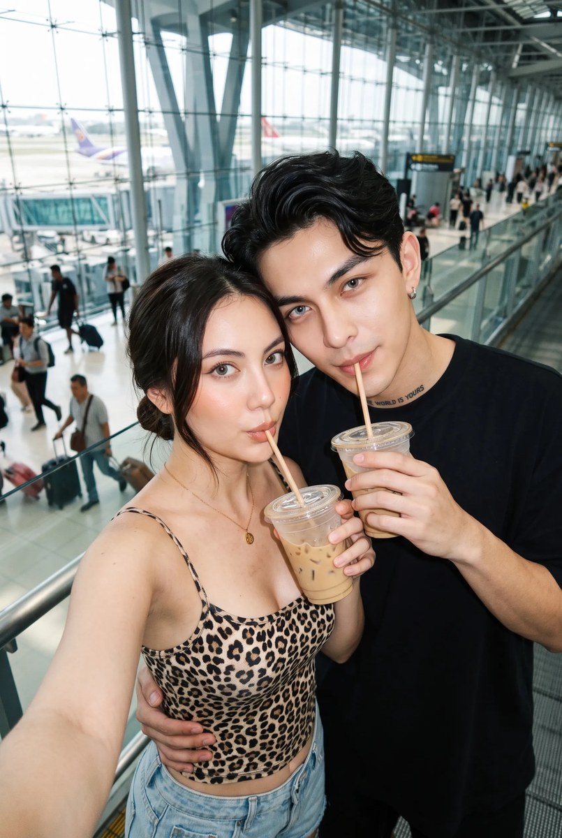 Airport Couple Iced-Coffee Selfie