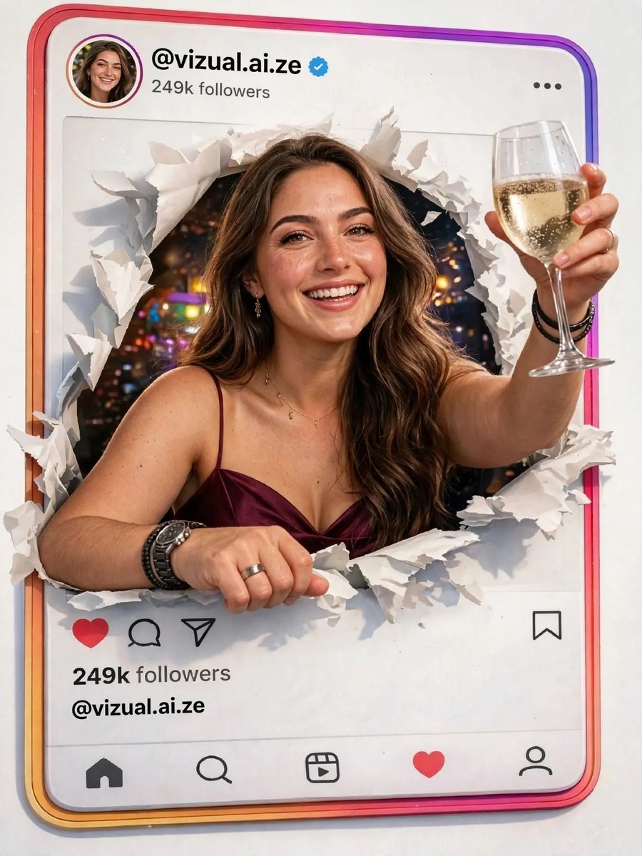 Young Woman Breaking Through a Social Media Profile