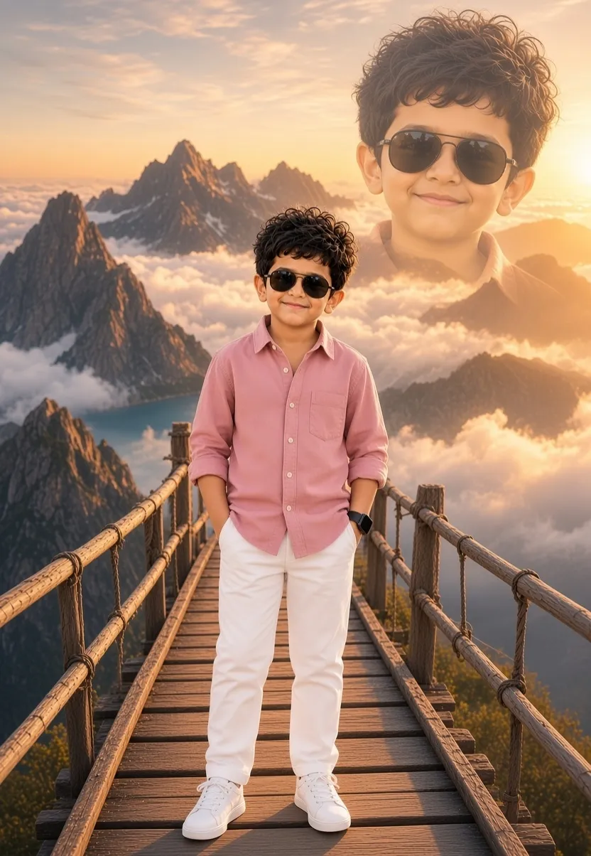 Boy on a Mountain Bridge at Sunset