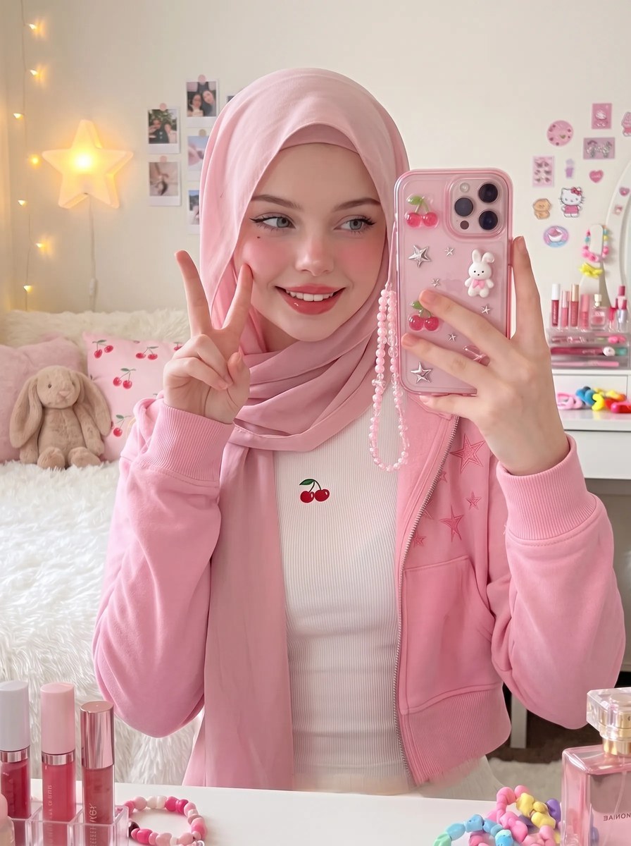 Pink Hijab Bedroom Mirror Selfie output 8