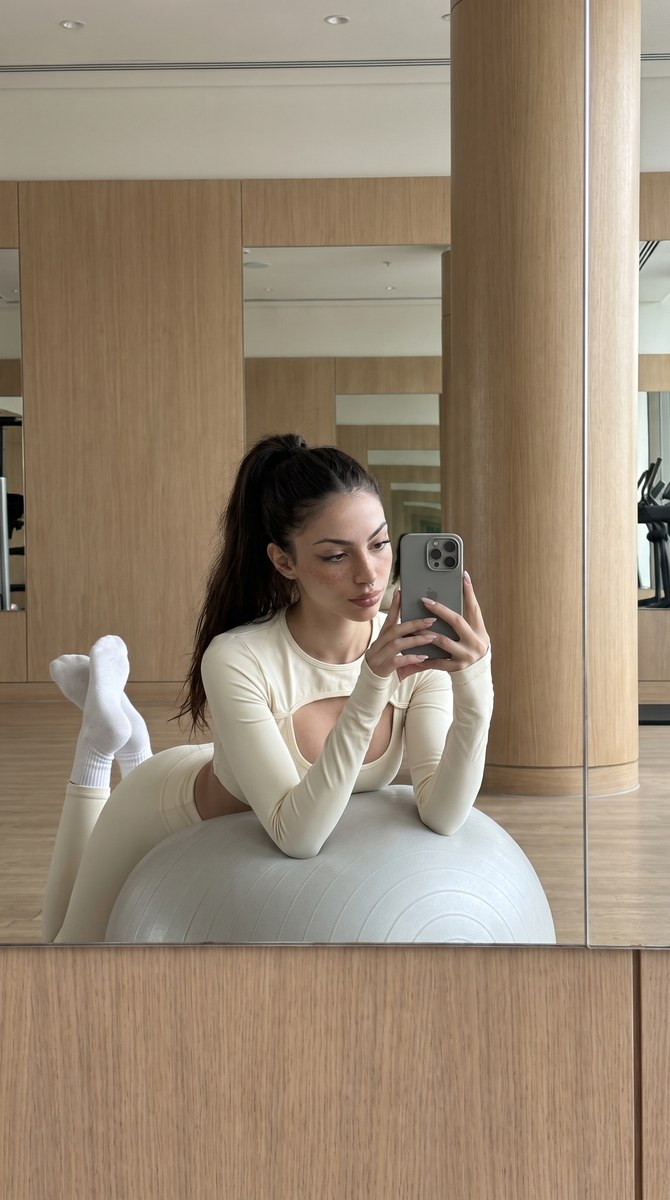 Candid Gym Mirror Selfie on a Fitness Ball