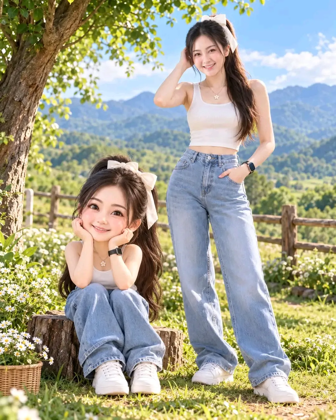 Photorealistic Woman and 3D Chibi in a Sunny Garden