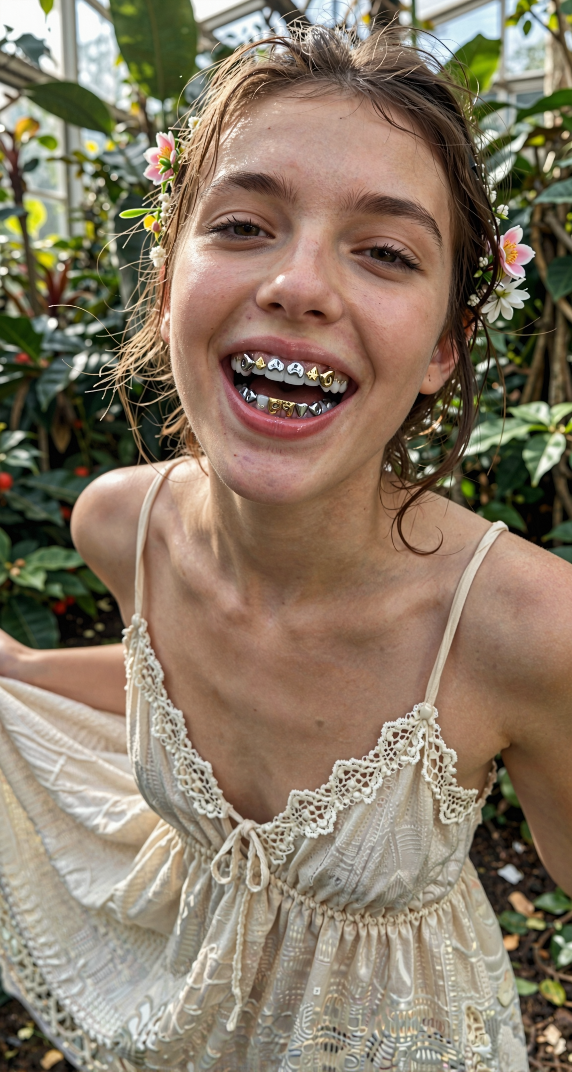 Candid Greenhouse Portrait with Minimal Metallic Tooth Grills