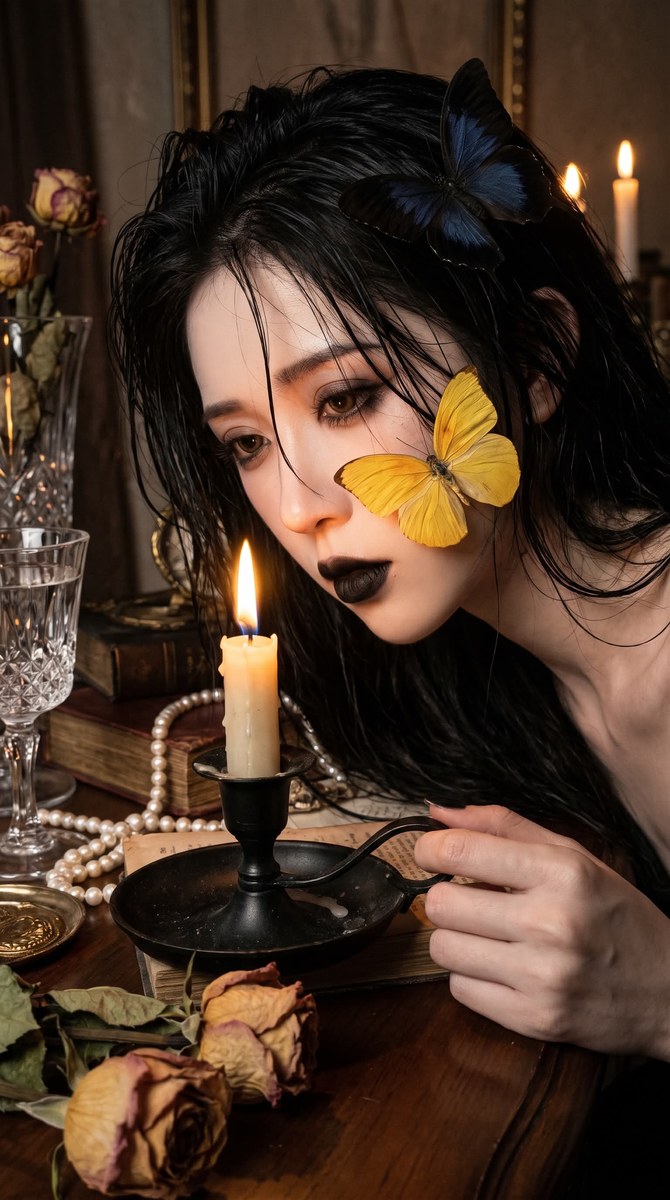 Candlelit Gothic Portrait with Butterflies