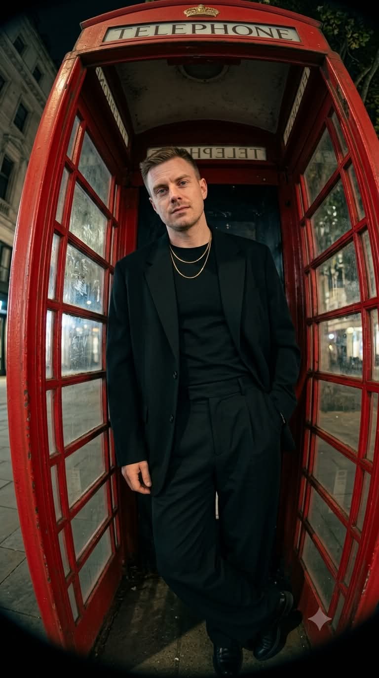Fisheye High-Fashion Portrait in a Vintage Telephone Booth