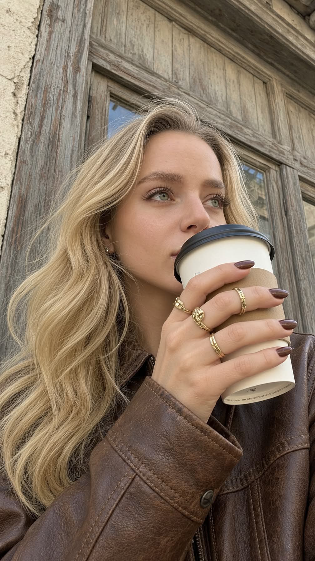 Low-Angle Coffee Snapshot in Front of a Vintage Façade