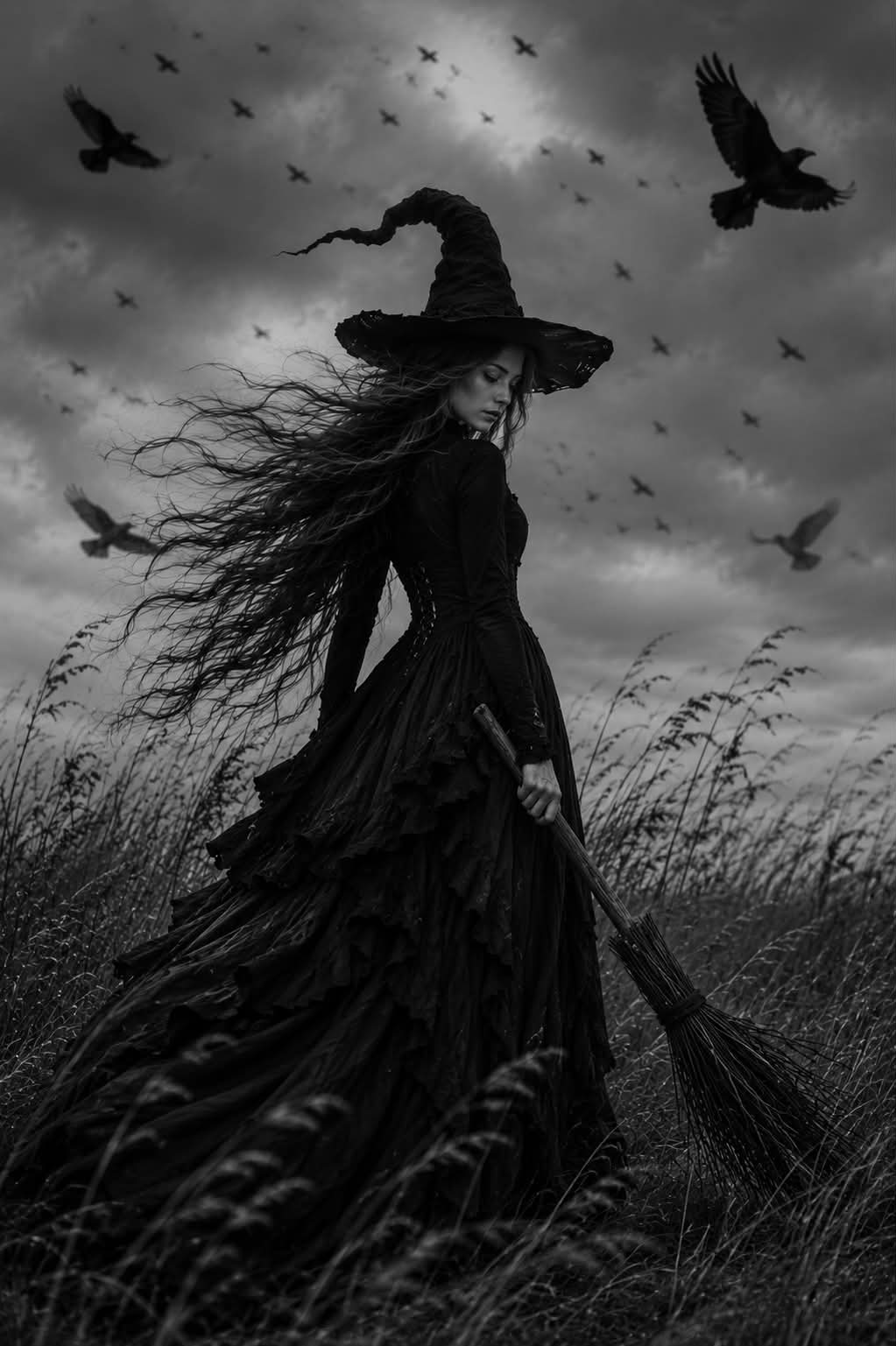 Cinematic Gothic Witch in a Windy Field output 2