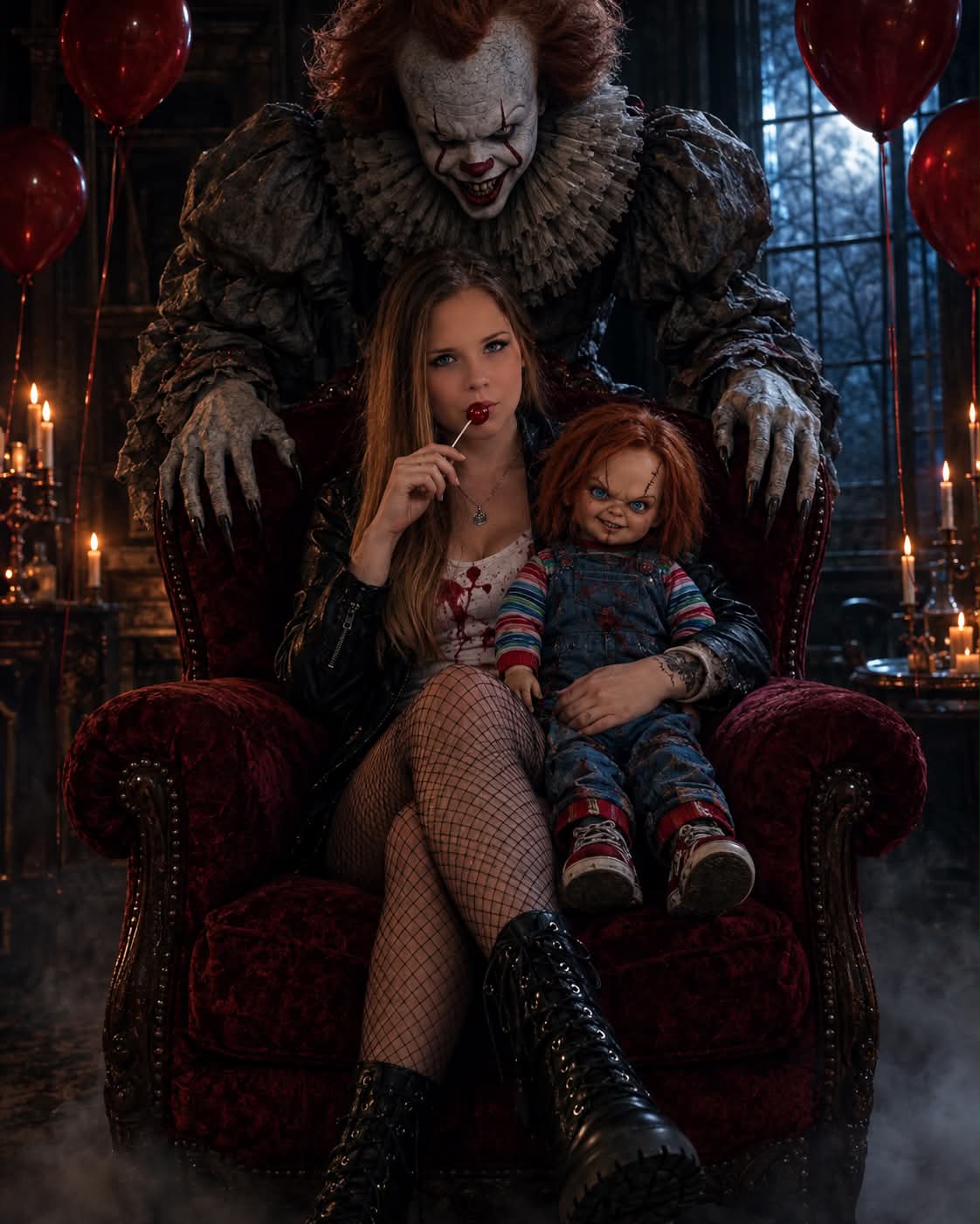 Photorealistic Gothic Horror Portrait with a Sinister Clown and Doll