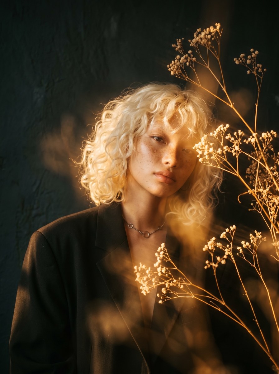 Dreamcore Portrait with Warm Light and Dried Branches