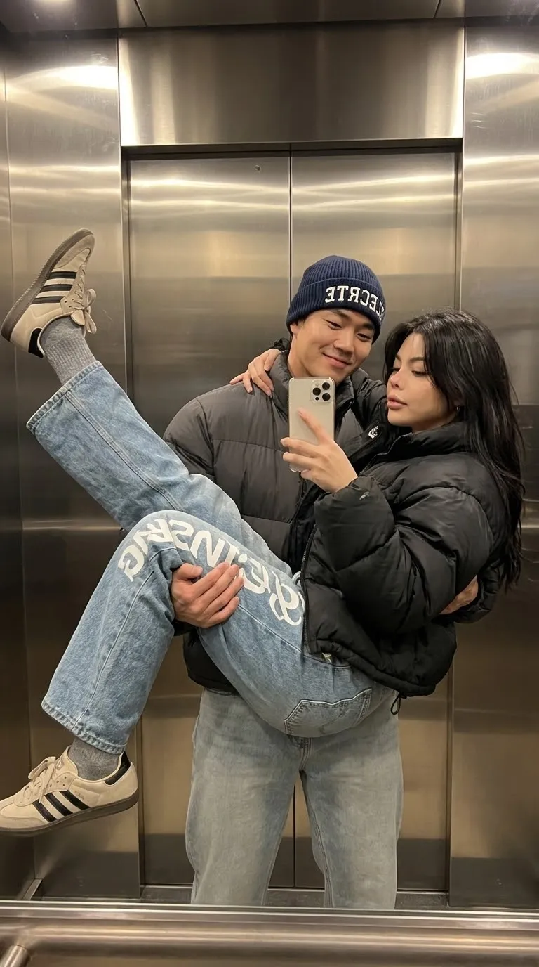 Playful Couple Elevator Mirror Selfie