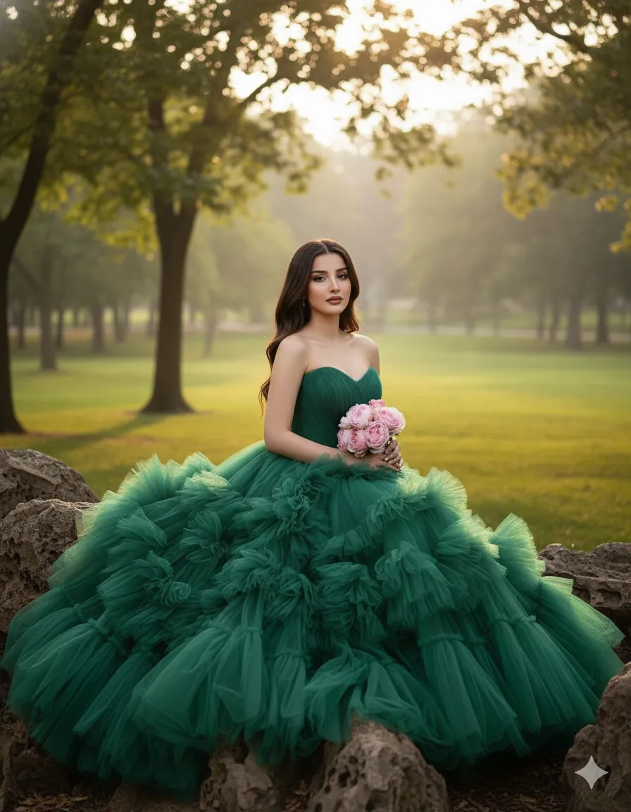 Emerald Gown Editorial Portrait in a Sunlit Park