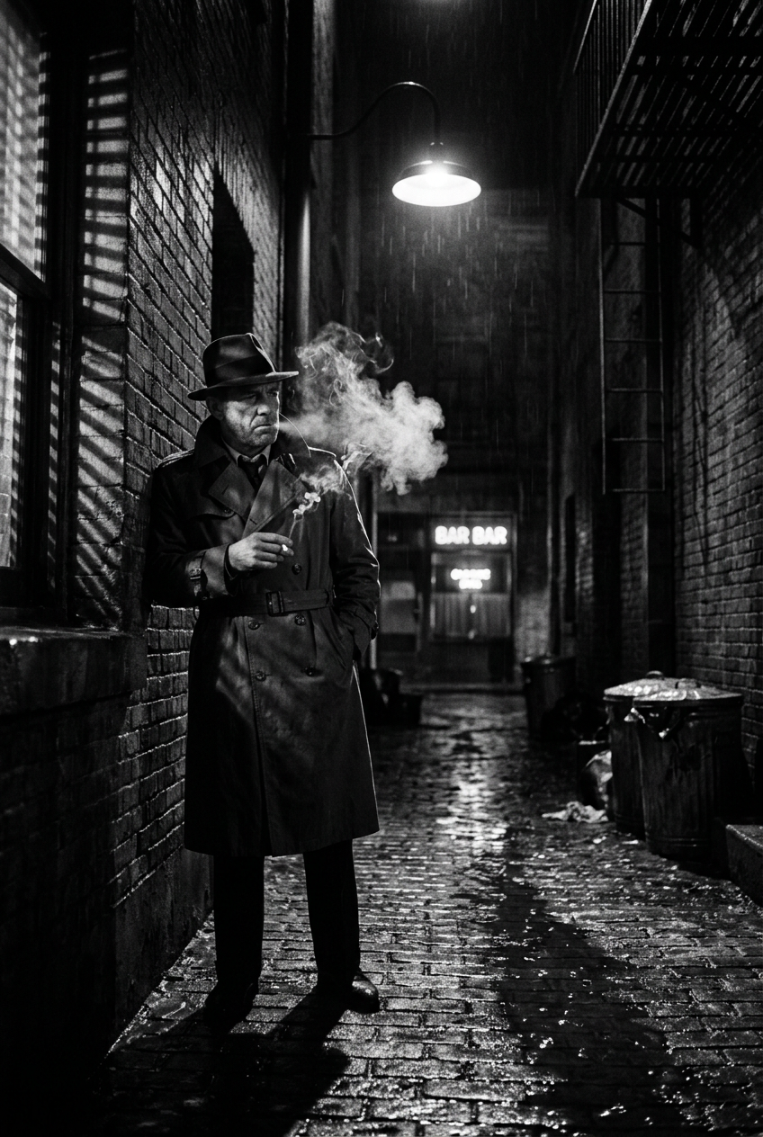 Create a Cinematic 1940s Film Noir Alley Scene