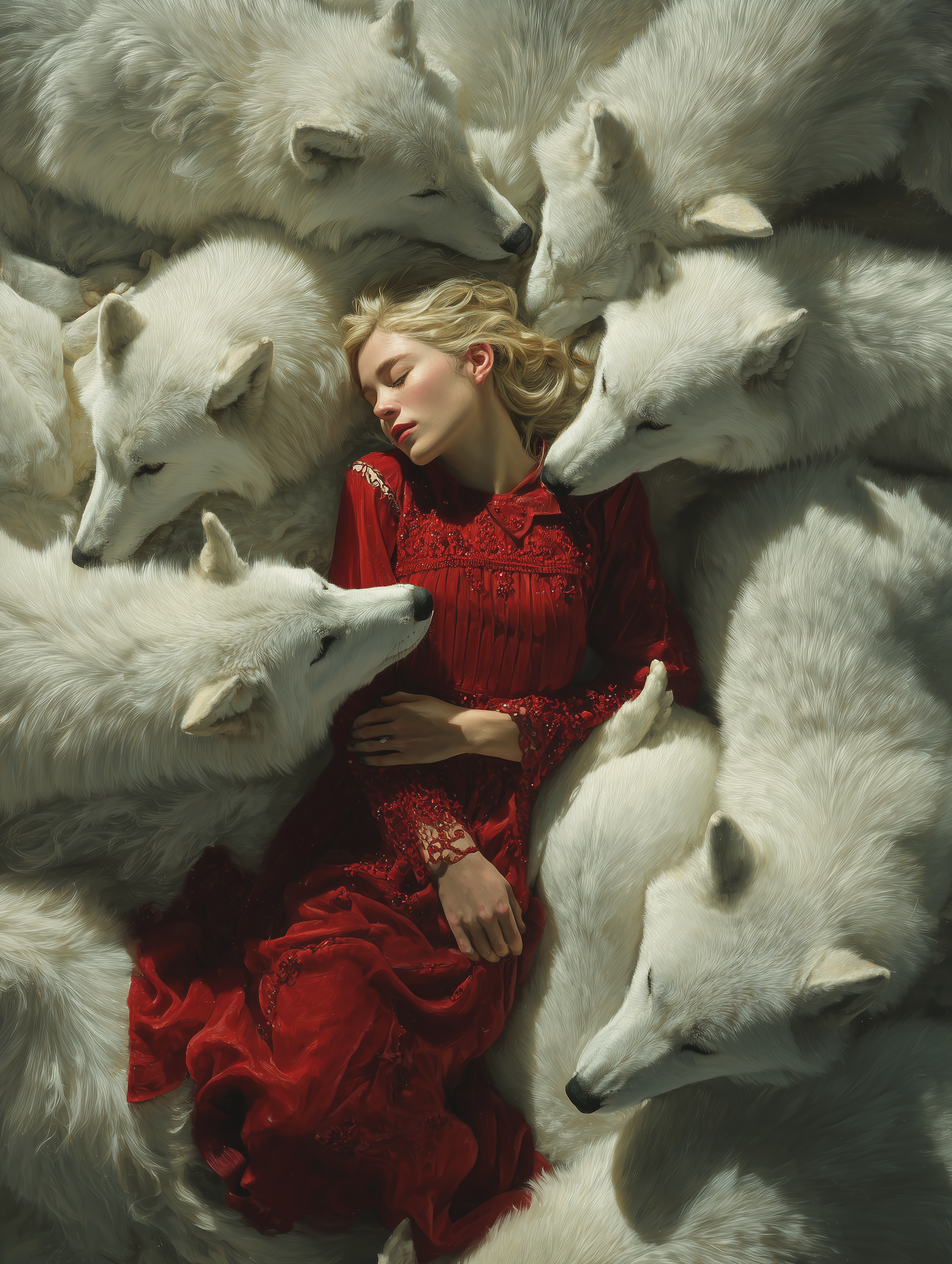 Red-Dressed Girl Surrounded by White Wolves