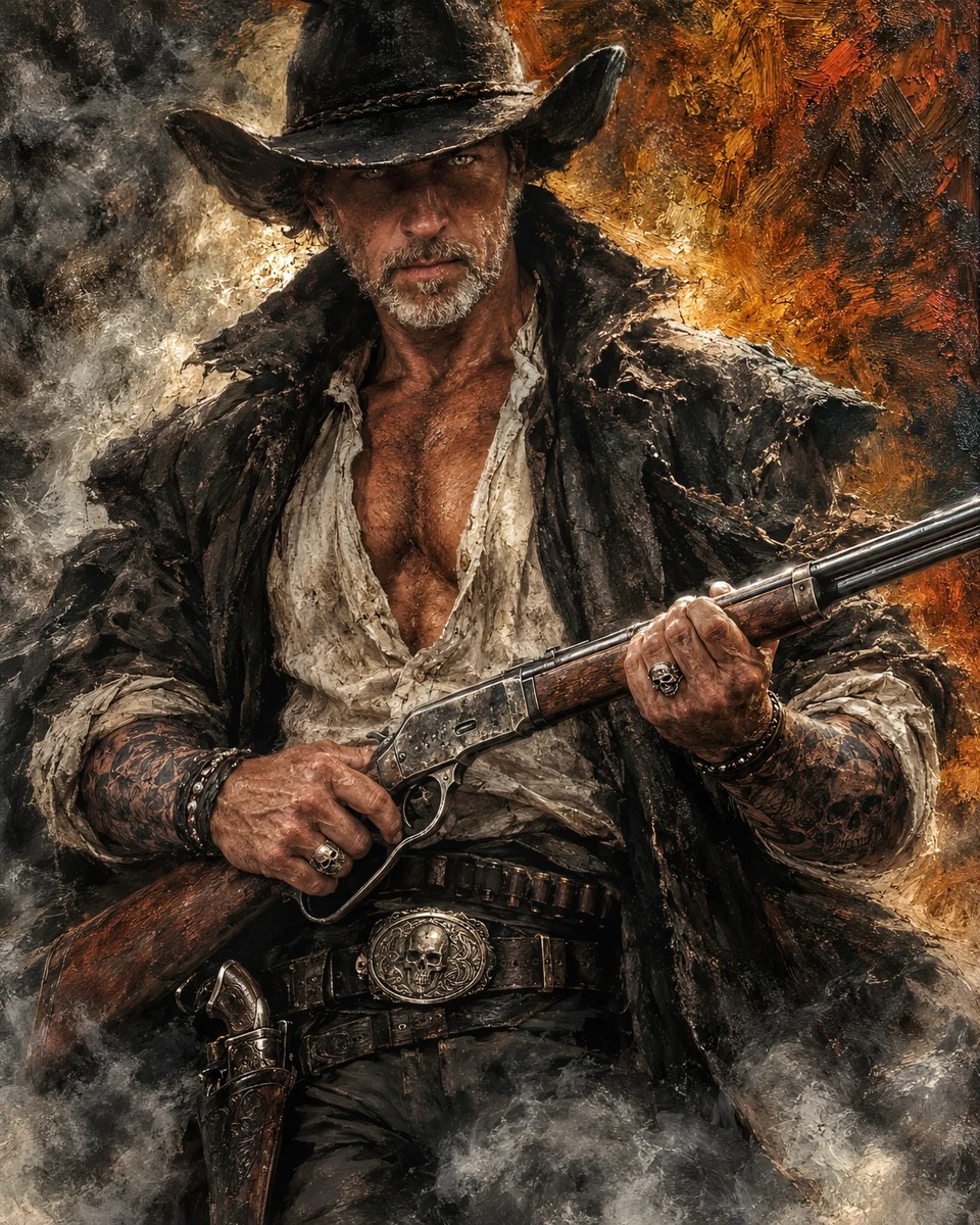 Weathered Cowboy in a Dark Western Oil Painting