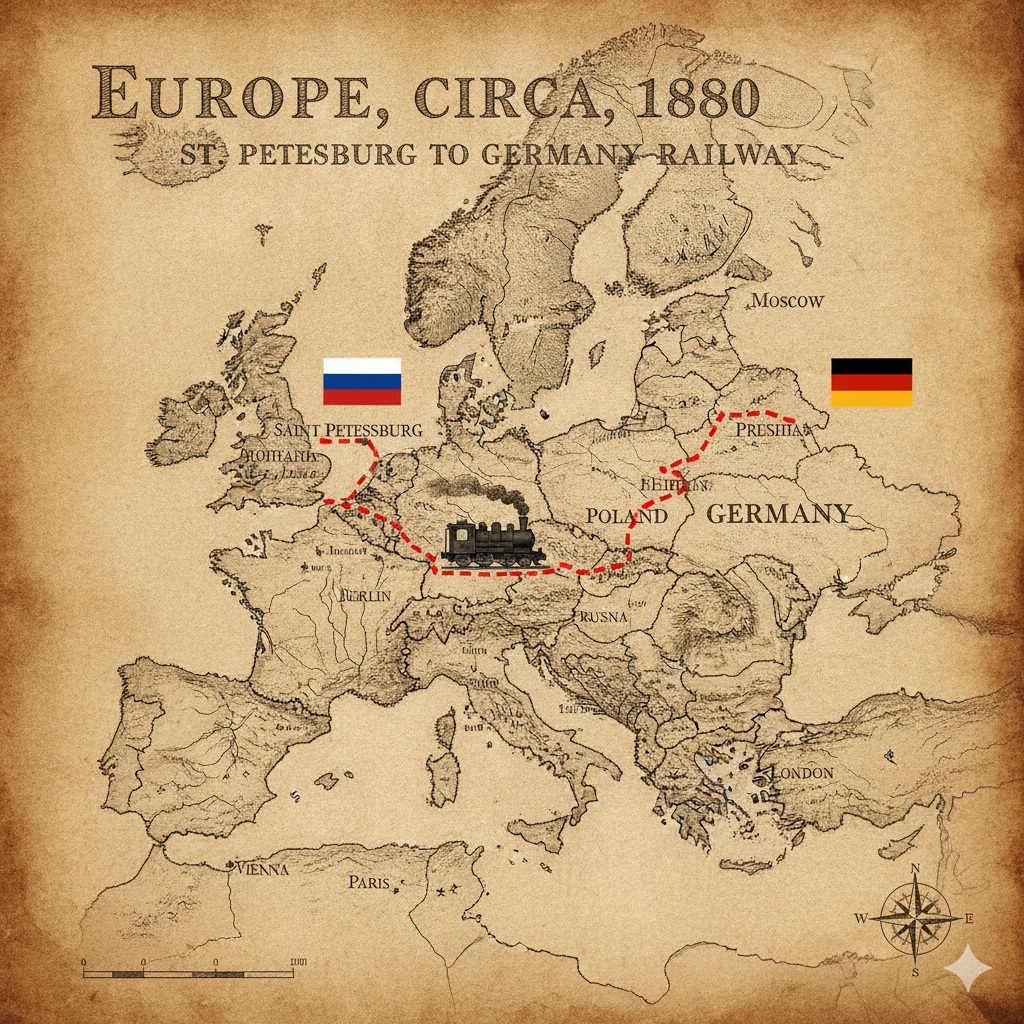 Historical Europe Map with a Train Route