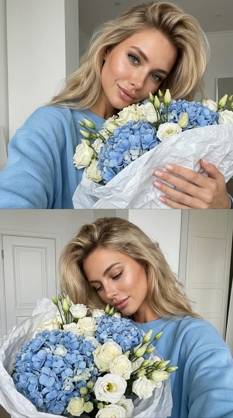 Two-Frame Selfie Collage with a Blue Hydrangea Bouquet output 3