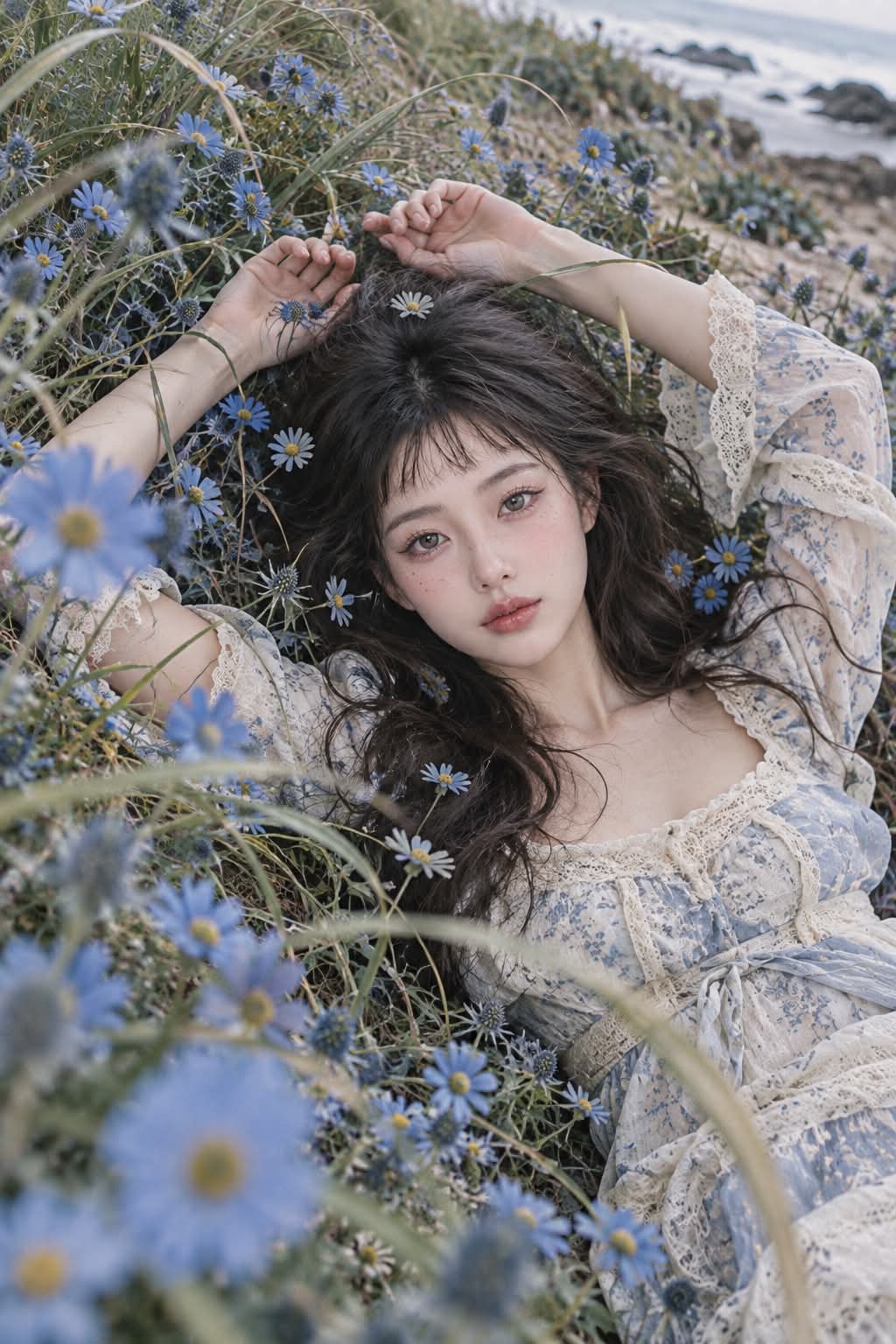 Candid Coastal Portrait Among Blue Wildflowers