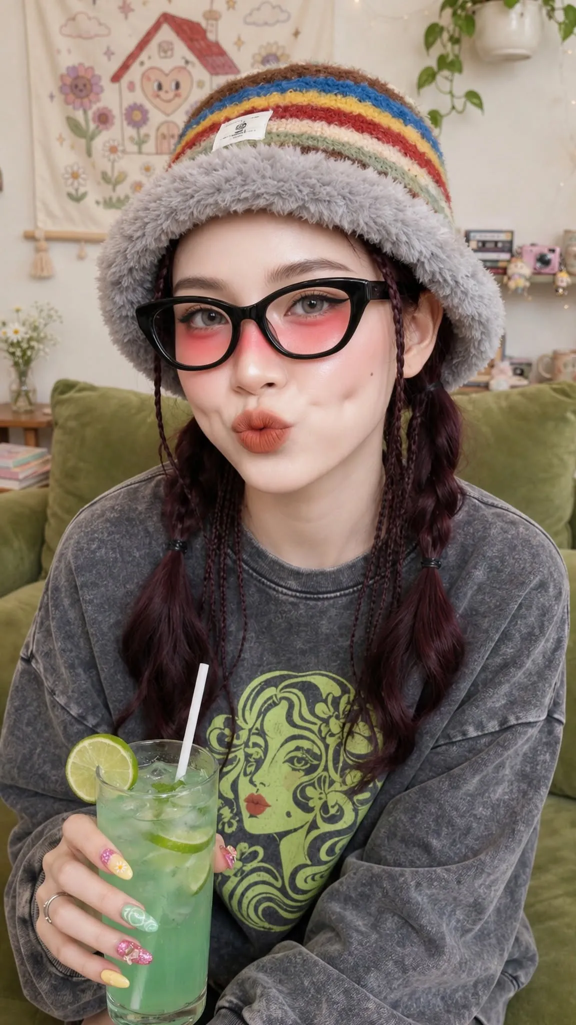 Playful Harajuku-Casual Portrait with a Fuzzy Bucket Hat