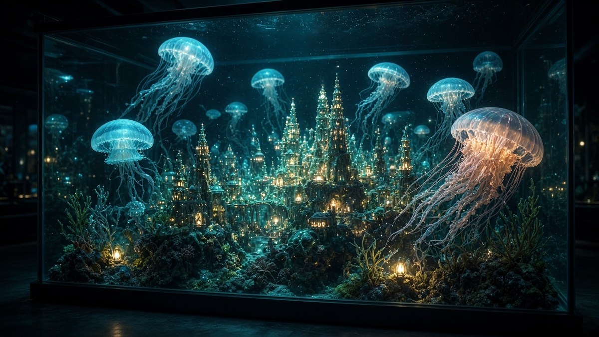 Bioluminescent Jellyfish City in a Night Aquarium