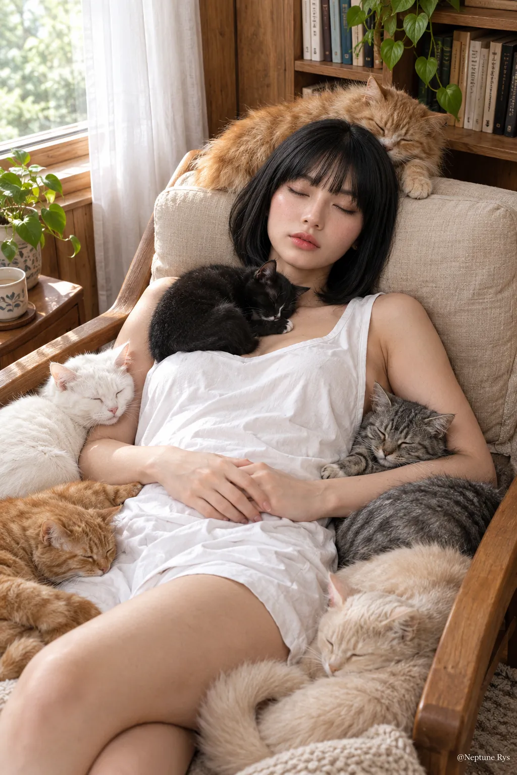 Woman Relaxing in a Sunlit Nook Surrounded by Cats