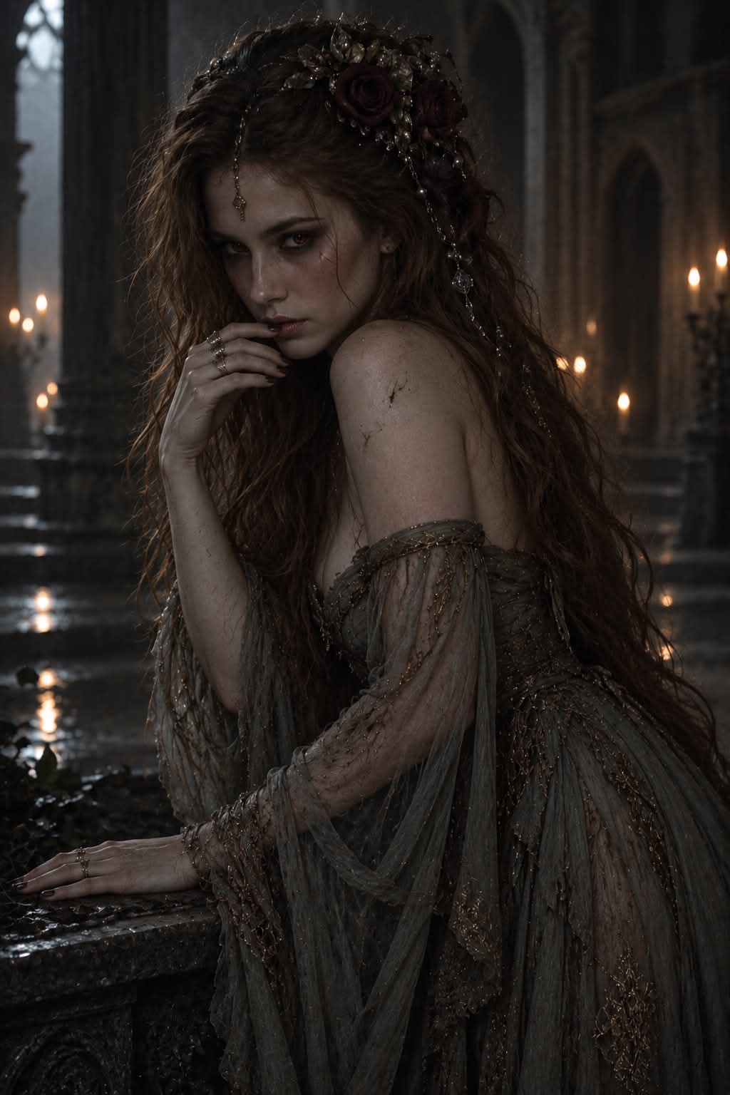 Gothic Woman with Glowing Red Eyes in a Cursed Castle output 2