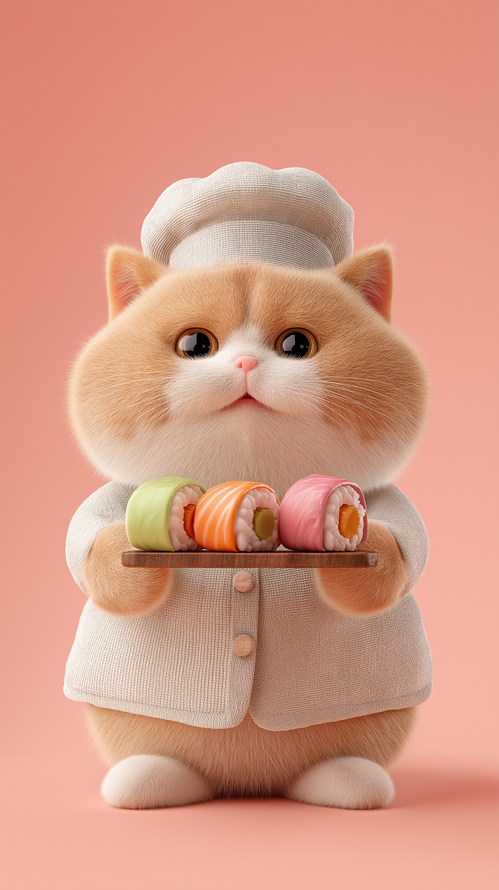 Photorealistic Cat Chef Presenting Japanese Cuisine