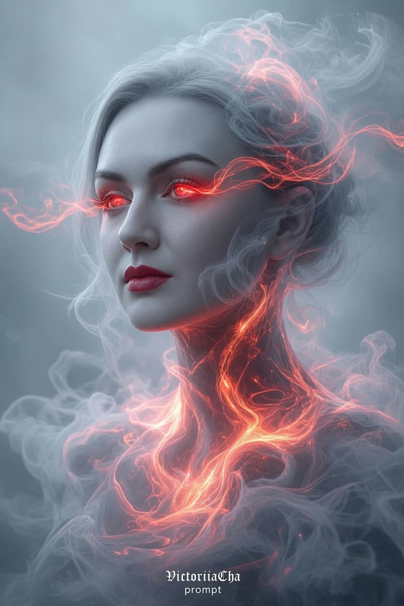 Surreal Smoke Portrait with Glowing Red Eyes output 1