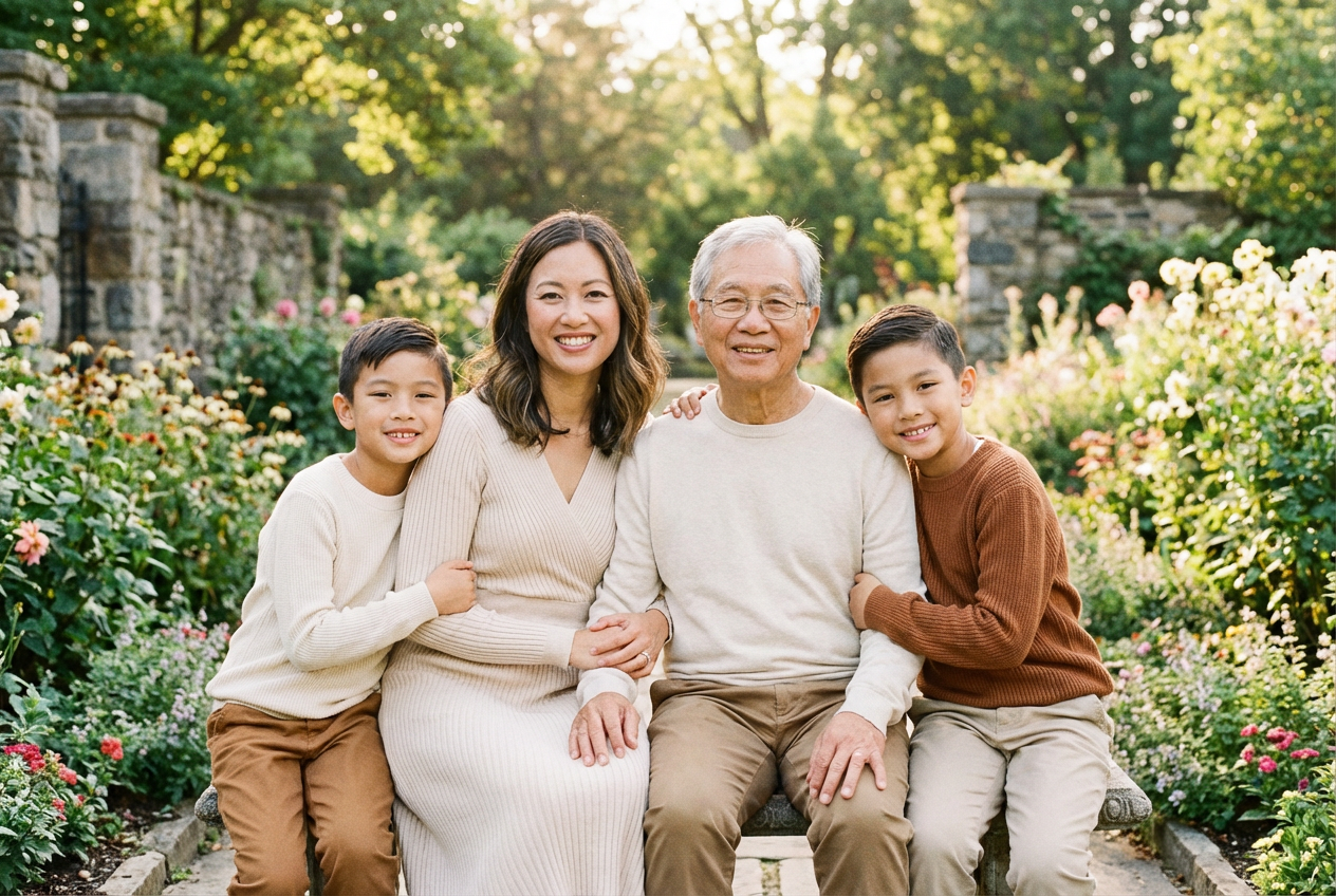 Create a Warm Multigenerational Family Portrait in a Garden output 1