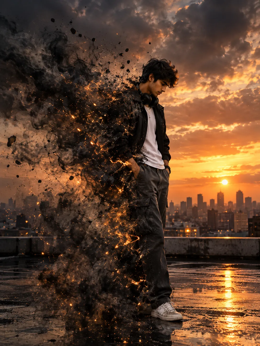 Cinematic Rooftop Disintegration Portrait