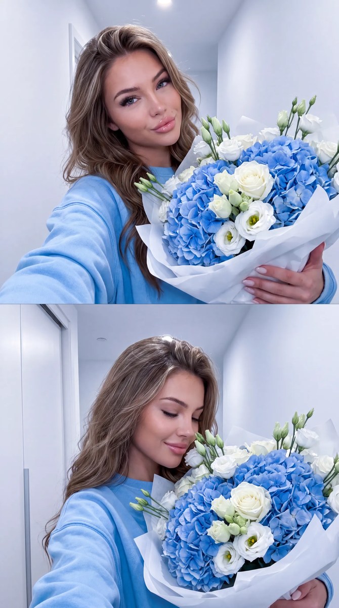 Two-Angle Selfie with a Blue Hydrangea Bouquet