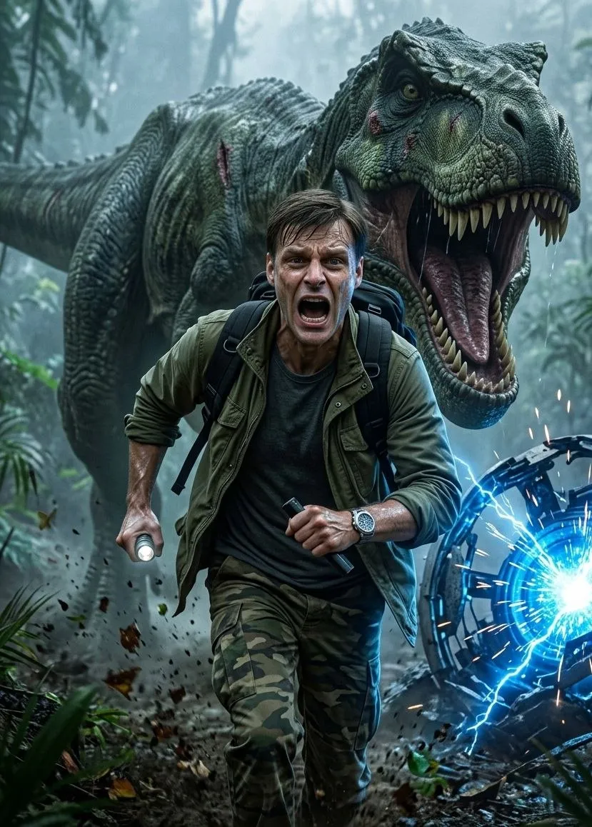 Man Fleeing a Tyrannosaurus in a Jungle