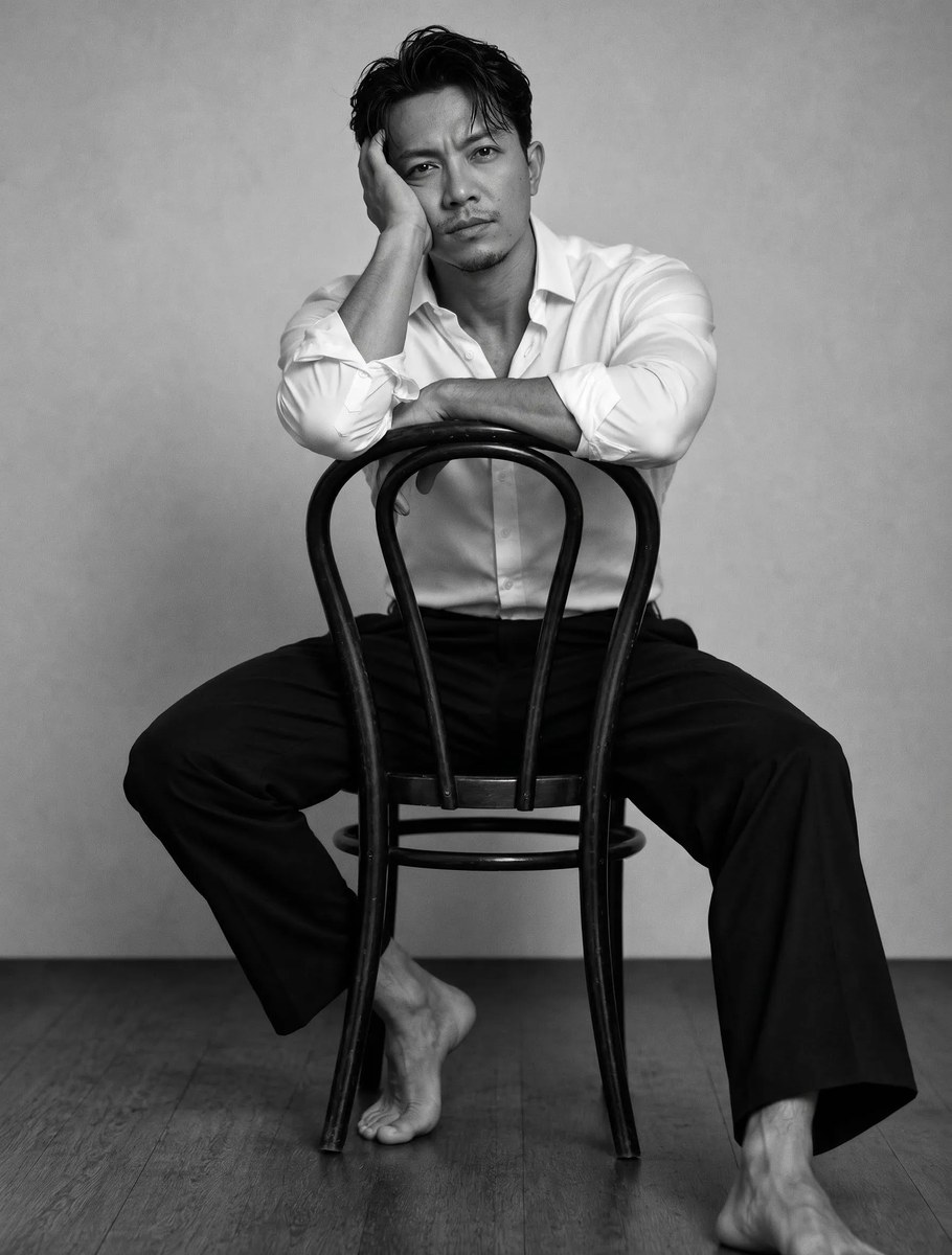 Black-and-White Editorial Portrait Astride a Thonet Chair output 1