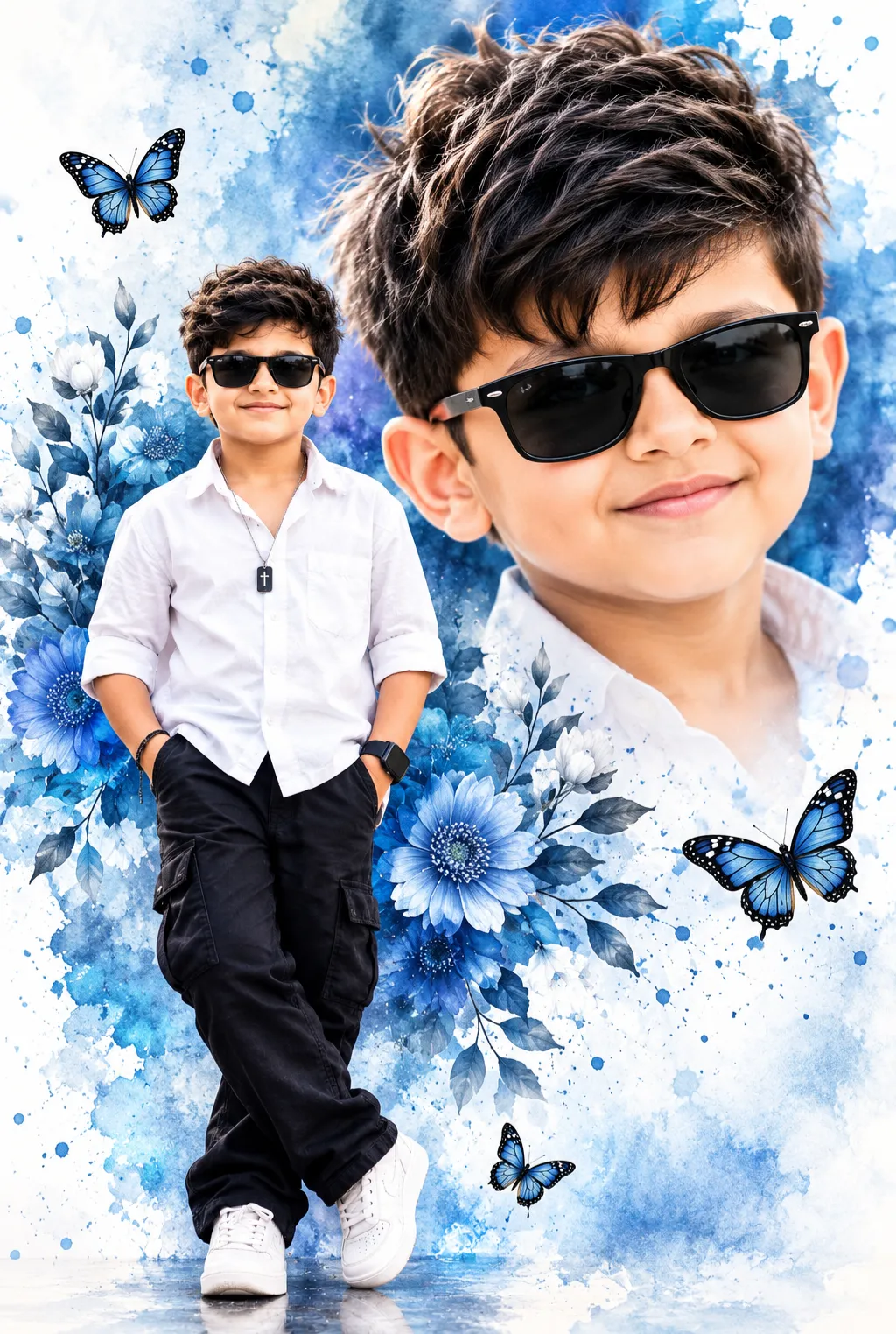 Ultra-Realistic Blue-and-White Double-Portrait Poster