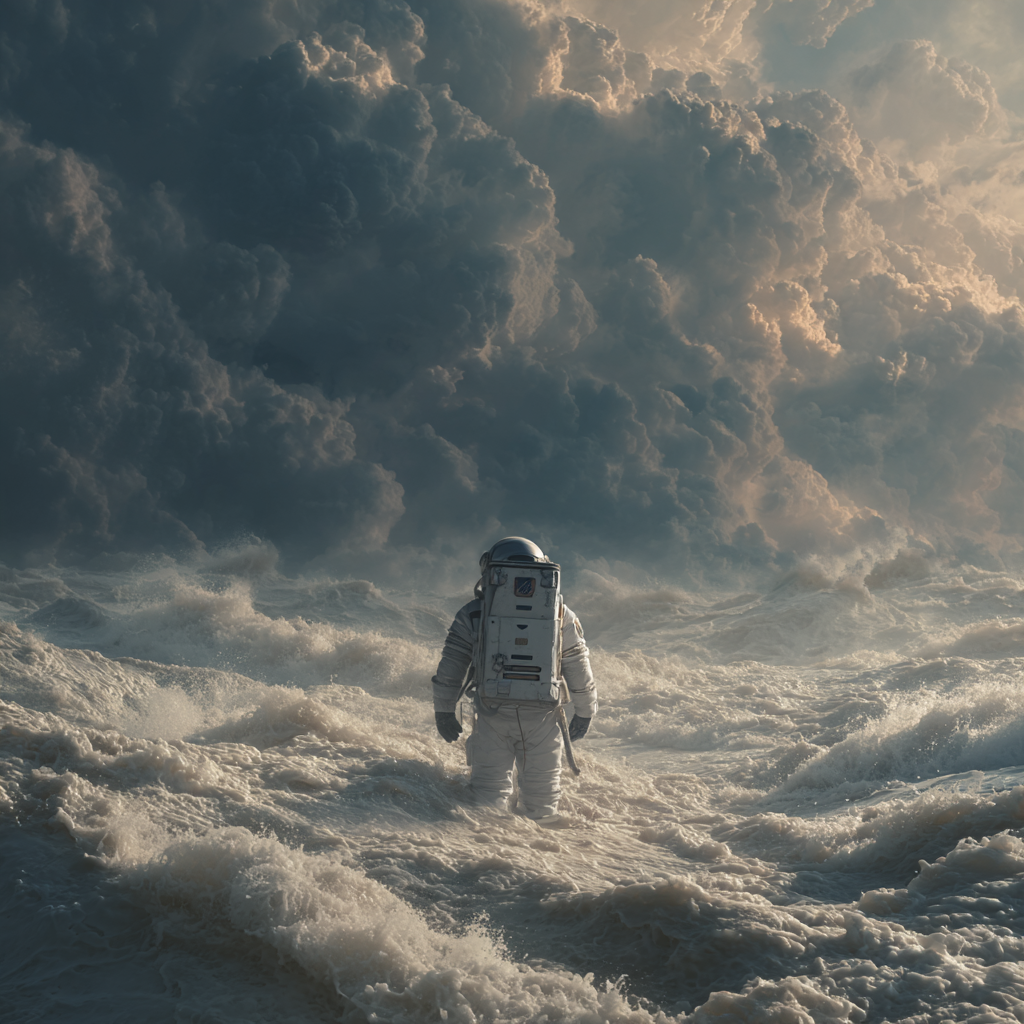 Astronaut Surfer Facing a Stormy Ocean