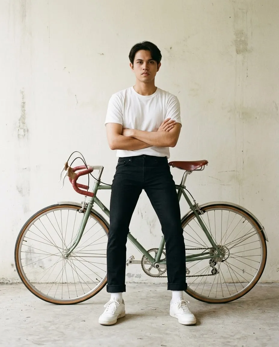 Vintage Editorial Portrait of a Young Man with a Classic Bicycle