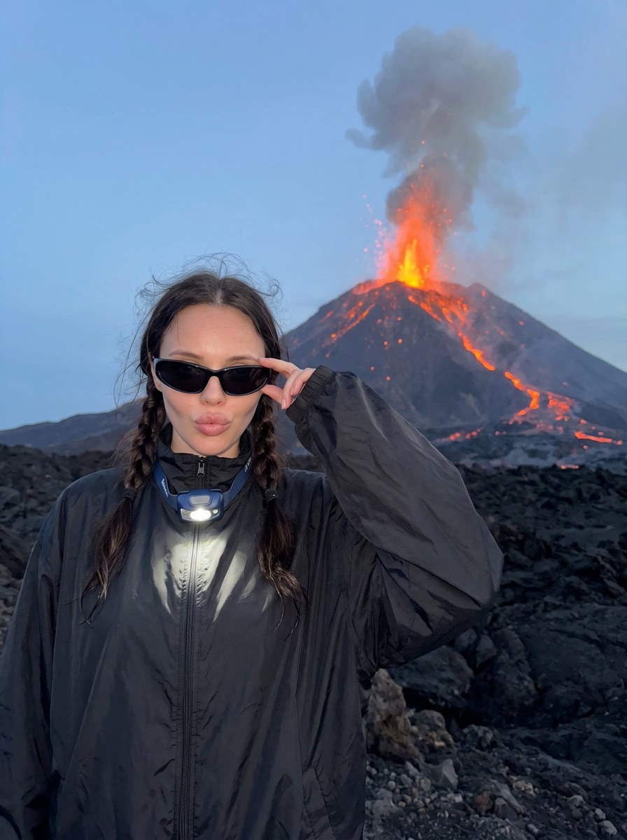 Woman in Front of an Erupting Volcano