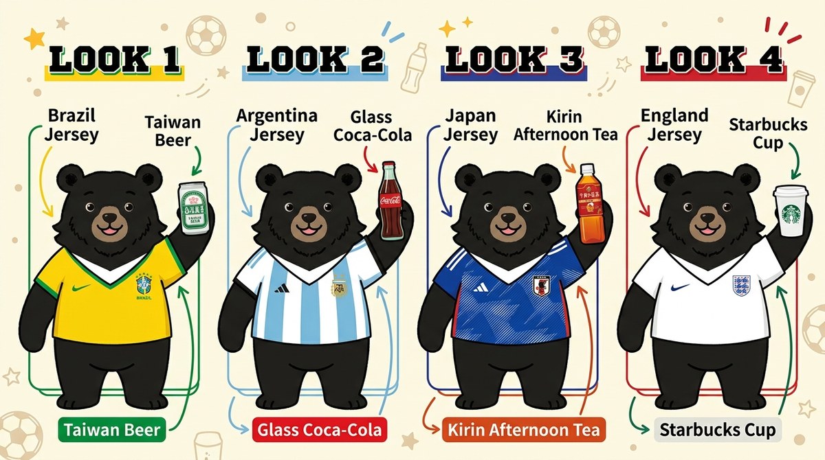 Taiwanese Black Bear in Four National Football Jerseys