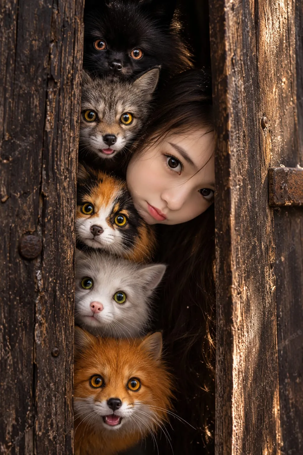 Person and Five Foxes Peeking Through Weathered Wood output 5