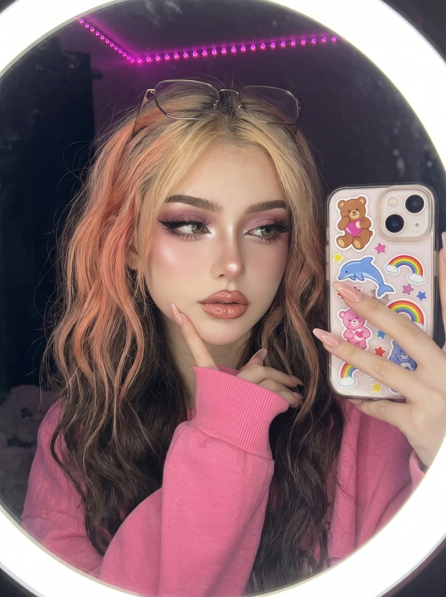 Glam Makeup Mirror Selfie with Preserved Facial Identity output 1