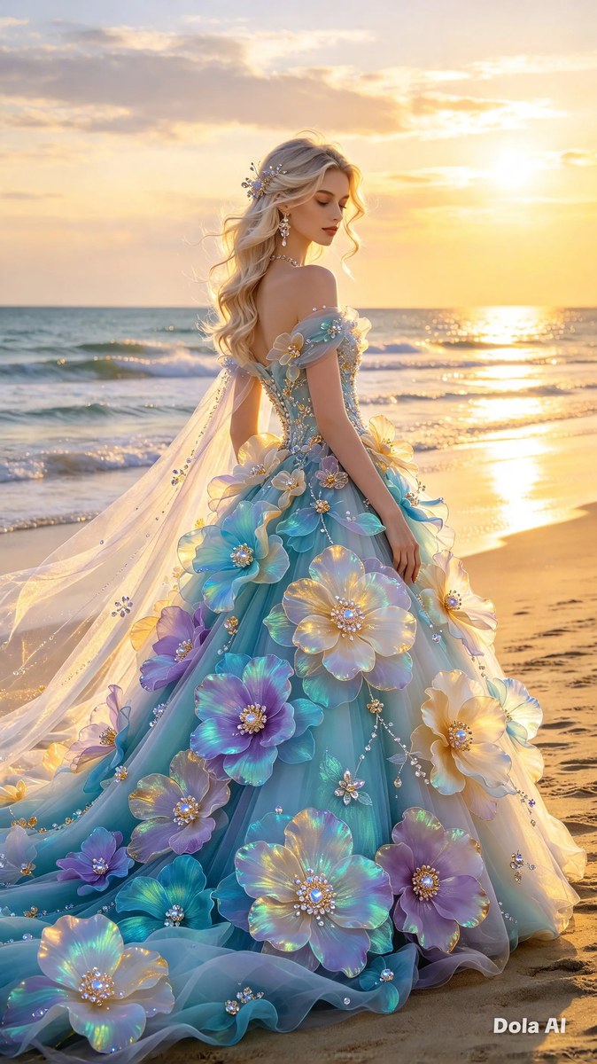 Iridescent Petal Ball Gown at Sunset output 2