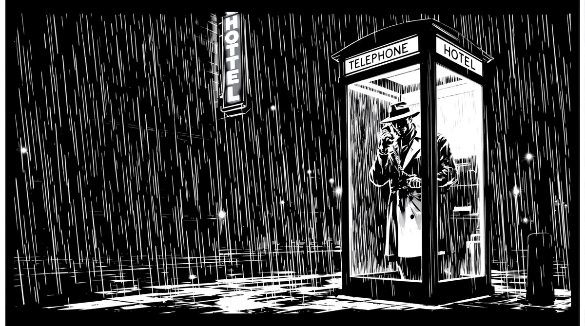 Noir Comic Panel of a Detective in a Rain-Soaked Phone Booth
