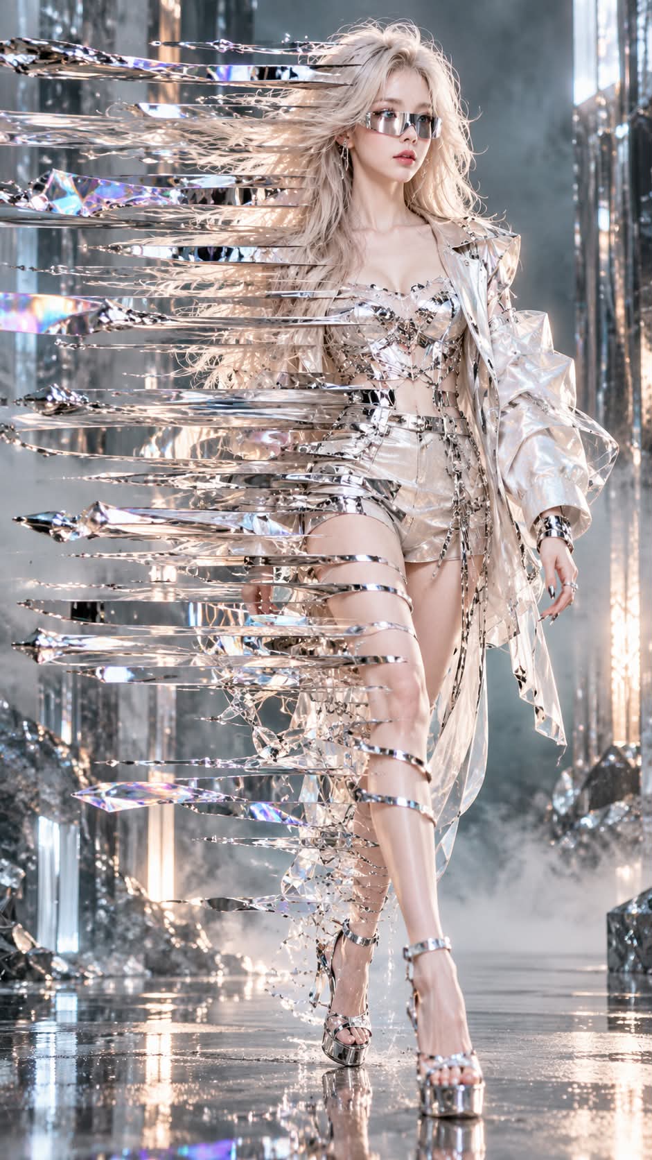 Chrome Slice Queen: Fractured-Reality Fashion Portrait