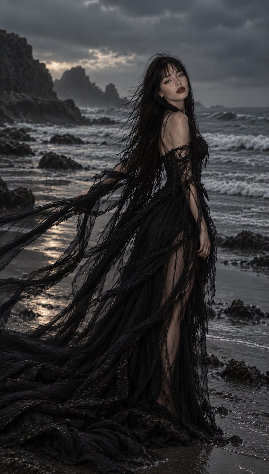 Gothic Seashore Portrait with Windblown Black Train output 2