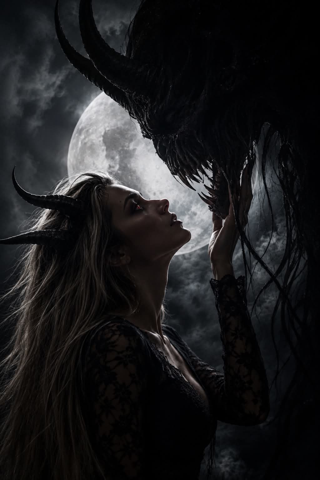 Moonlit Gothic Demoness and Creature Portrait output 1