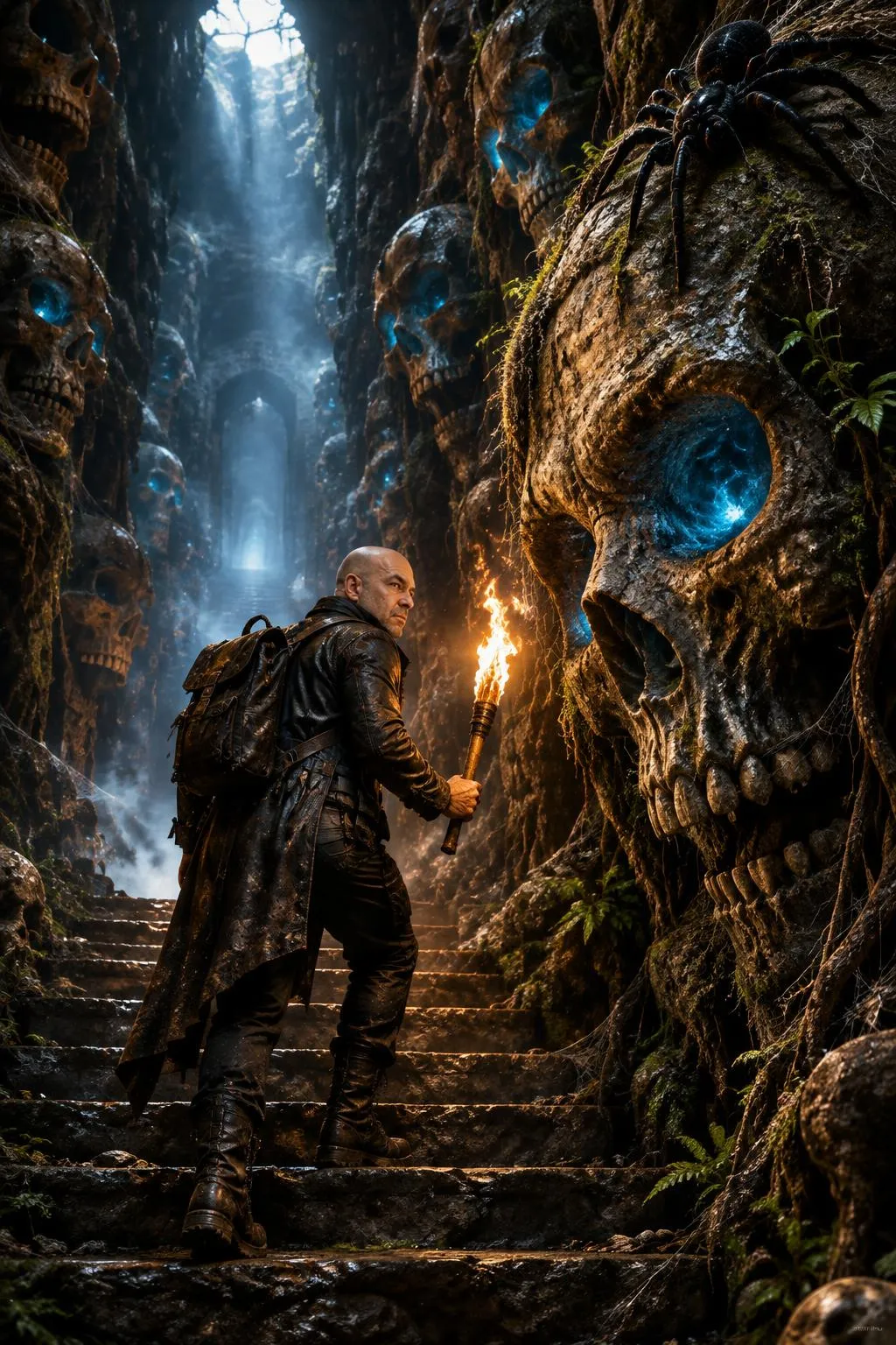 Cinematic Explorer in a Skull-Lined Underground Temple output 1