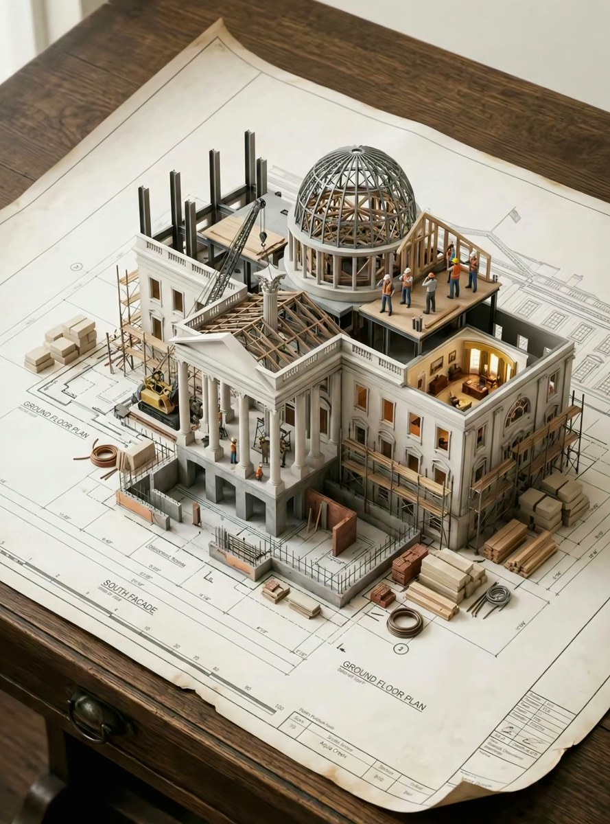 Architectural Blueprint to 3D Construction Diorama output 3