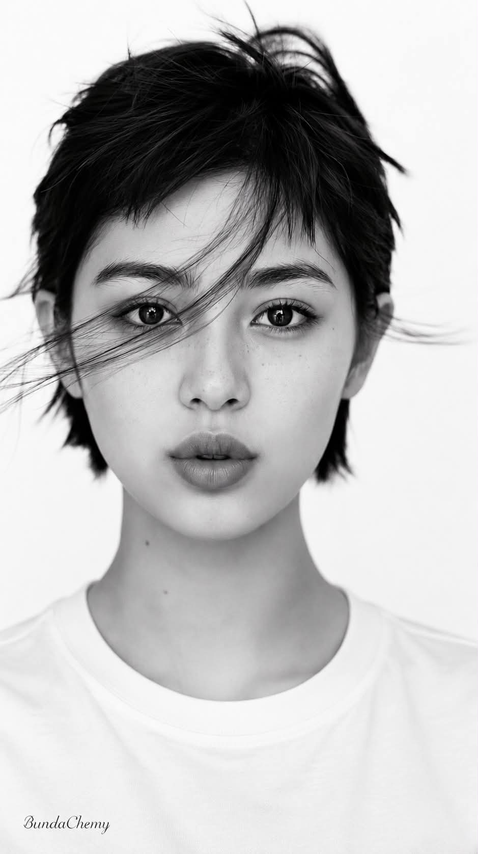 Black-and-White Pixie-Cut Beauty Portrait output 2