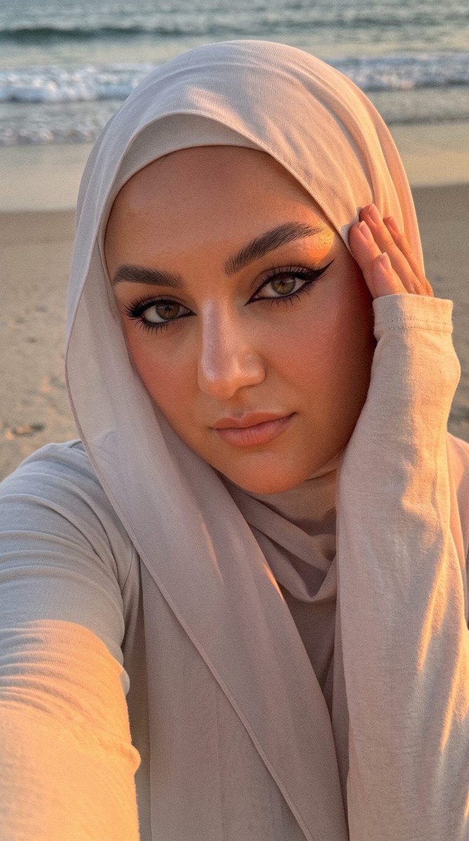 Romantic Sunset Beach Portrait in a Light Hijab