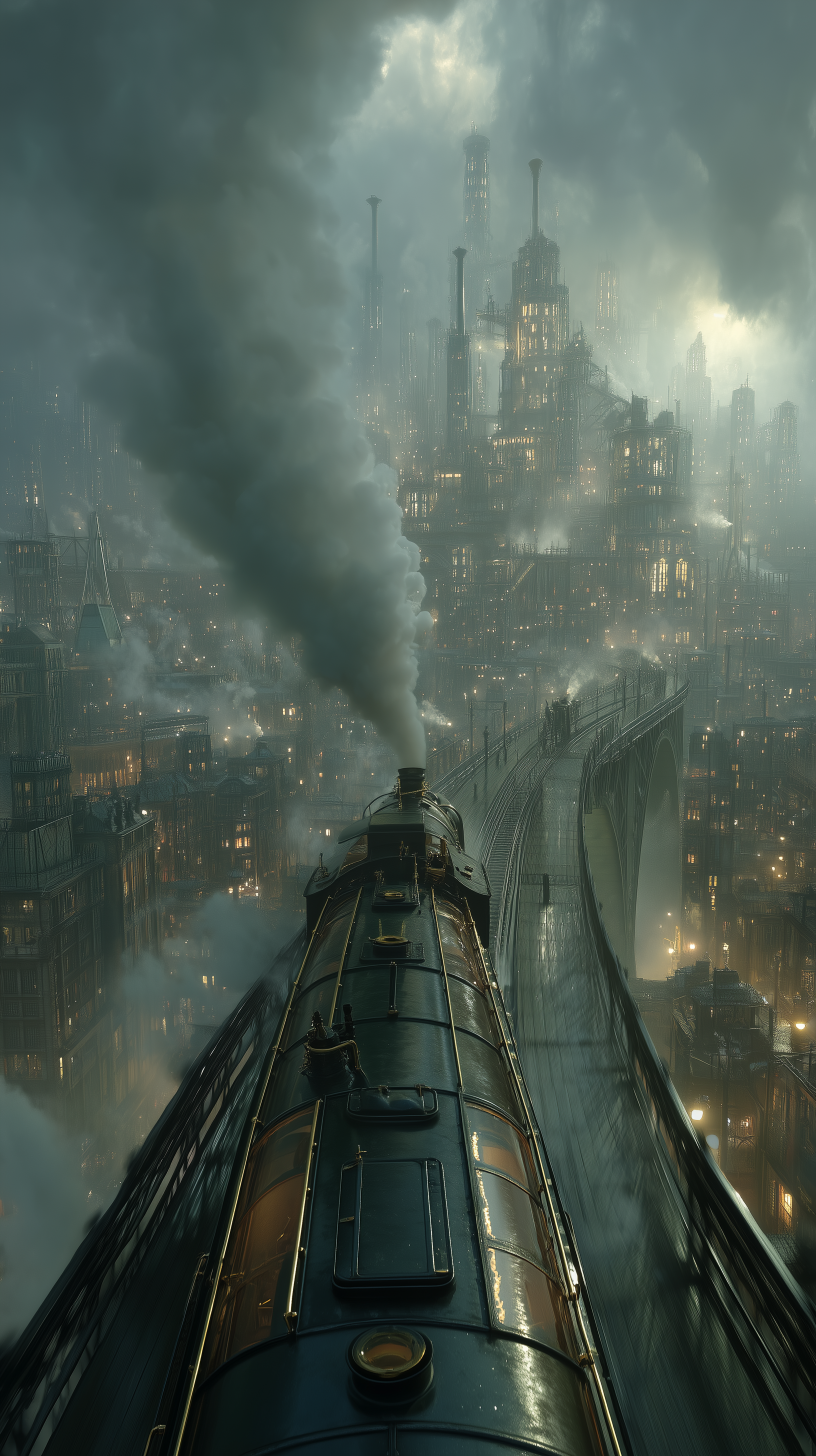 Cinematic Steampunk Train Approaching a Foggy Industrial City